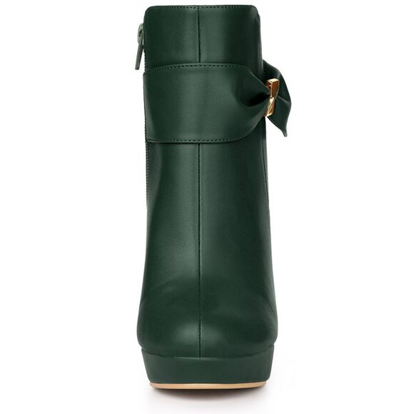 Chunky High Heels Platform Bow Decor Dark Green Ankle Boots - Picture 2 of 6